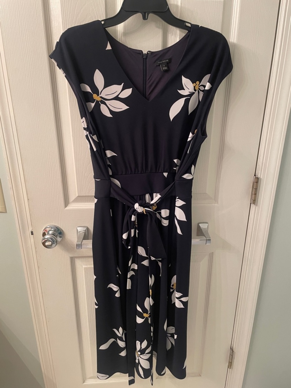 Ann Taylor Navy Floral V-Neck Tie-Waist Midi Dress
